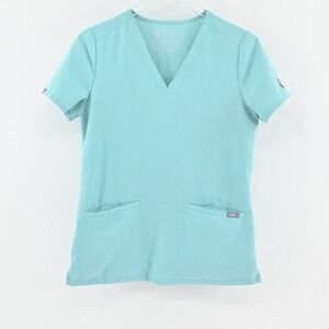 FIGS Scrub Top Womens Sz XS Casma‎ Three Pocket VNeck Blue Rainbow NP Peace Sign